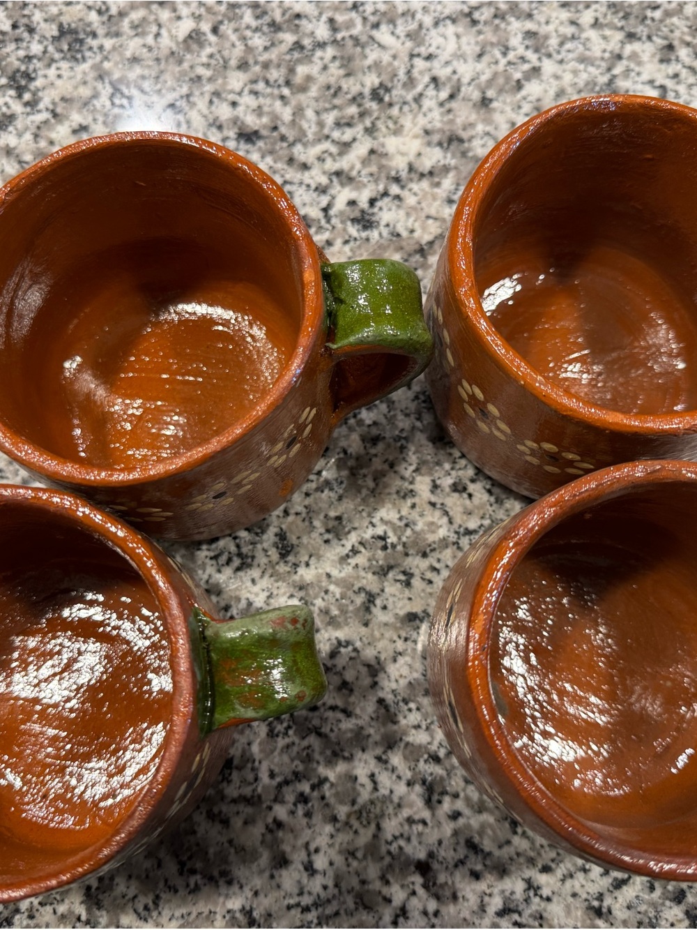 Handcrafted Terracotta Brown Floral Ceramic Mugs with Green Handles - Set - Picture 3 of 7